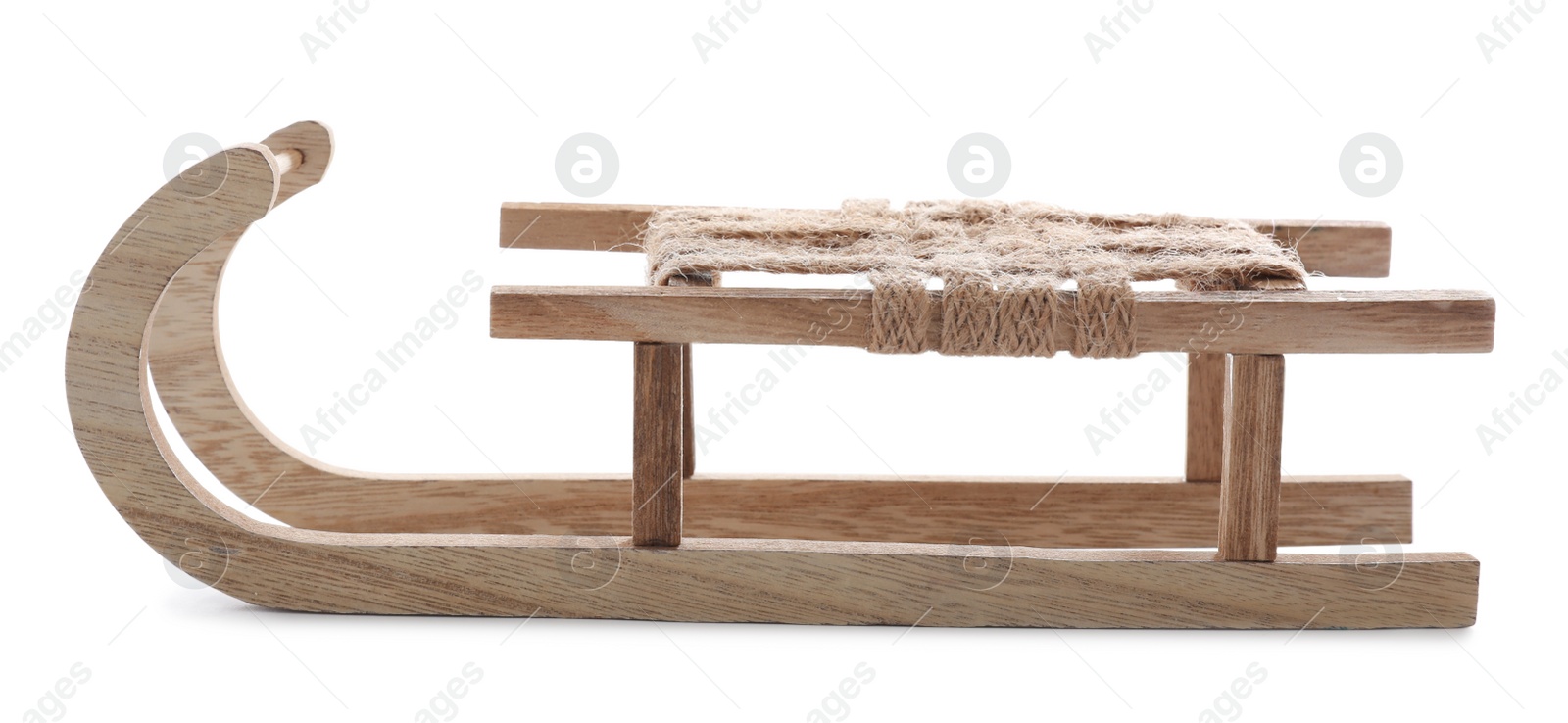 Photo of Beautiful decorative wooden sleigh on white background