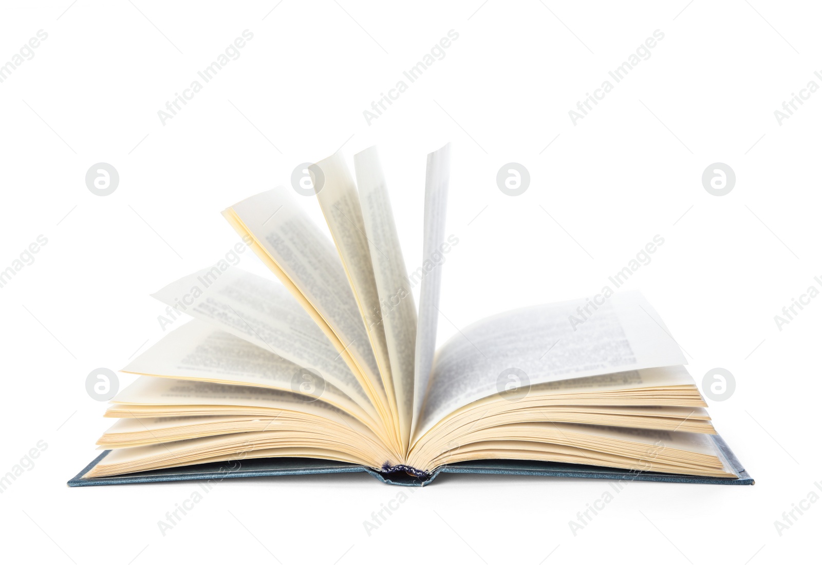 Photo of Open hardcover old book on white background