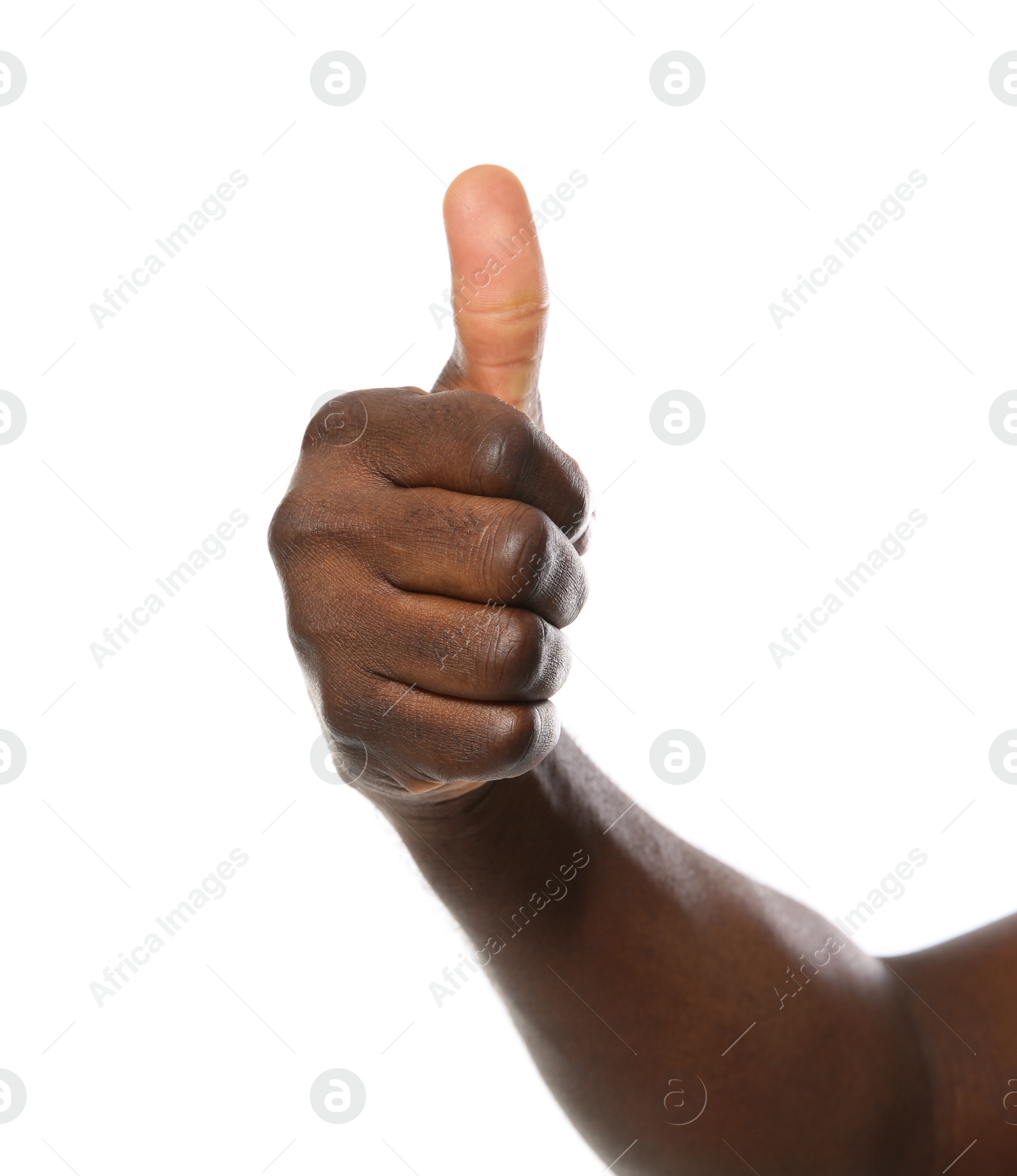 Photo of African-American man showing thumb up gesture on white background, closeup