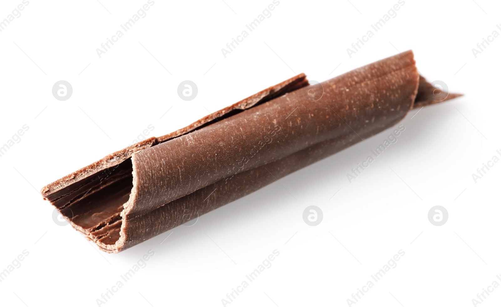 Photo of Curl of tasty chocolate on white background