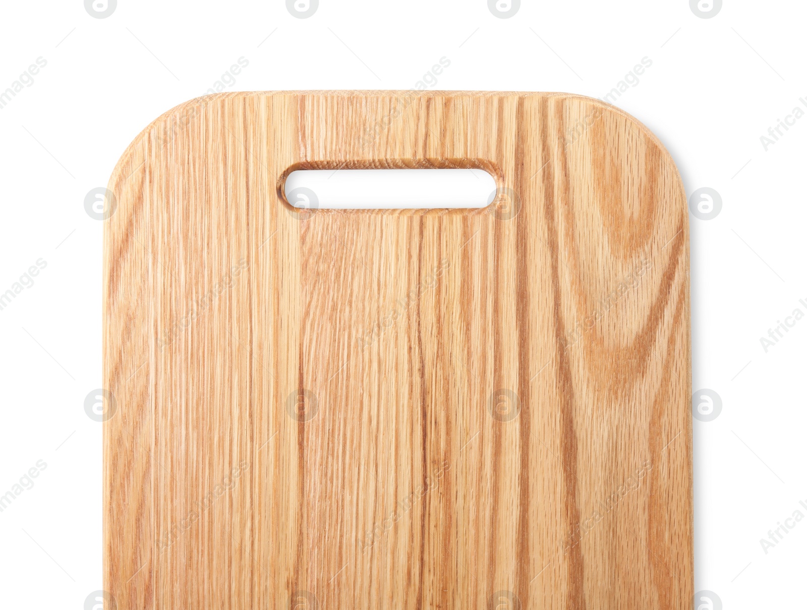 Photo of One wooden cutting board isolated on white, top view