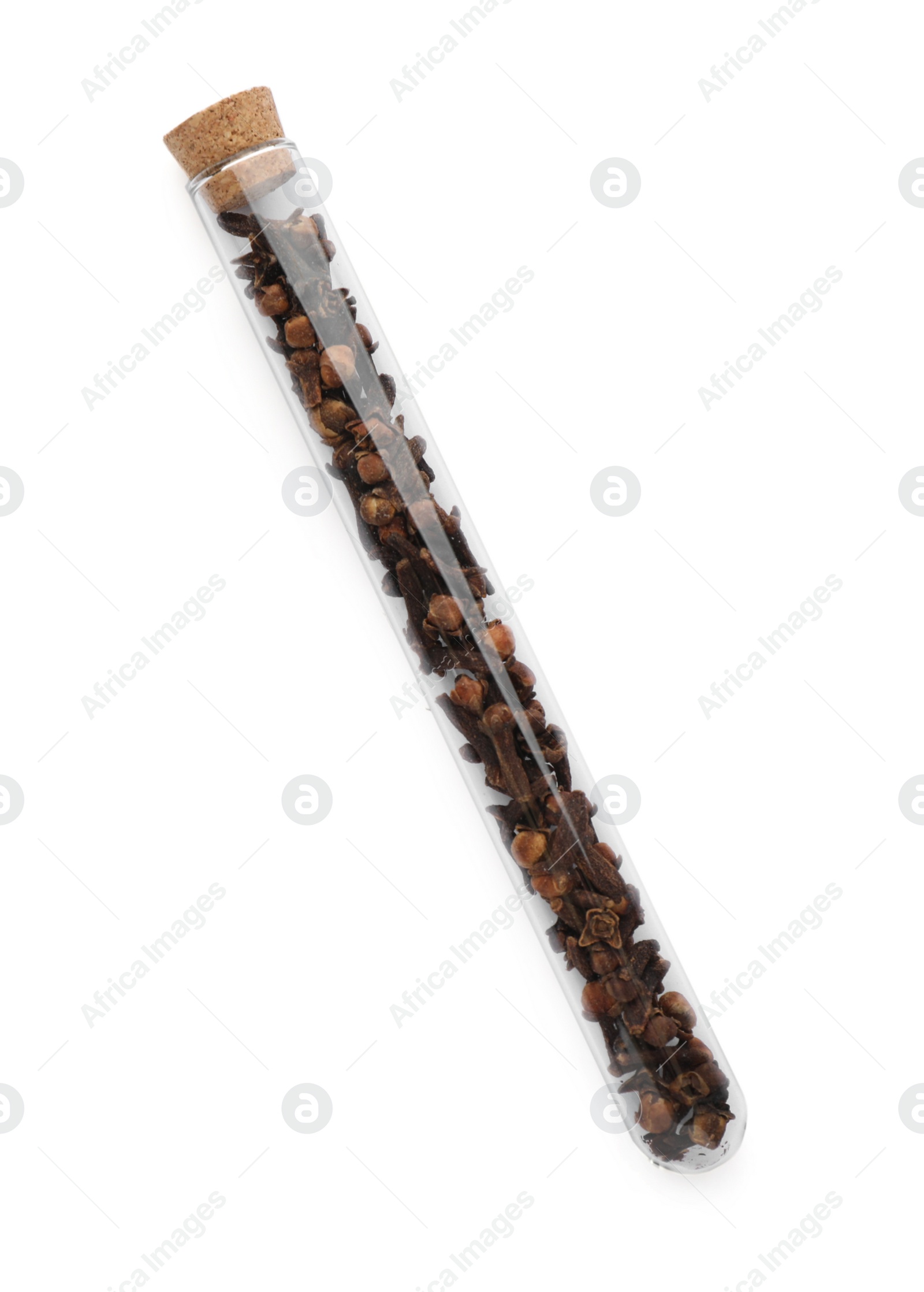 Photo of Glass tube with cloves on white background, top view