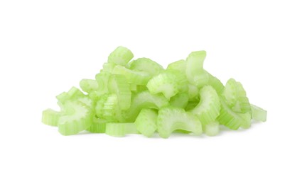 Heap of fresh cut celery isolated on white