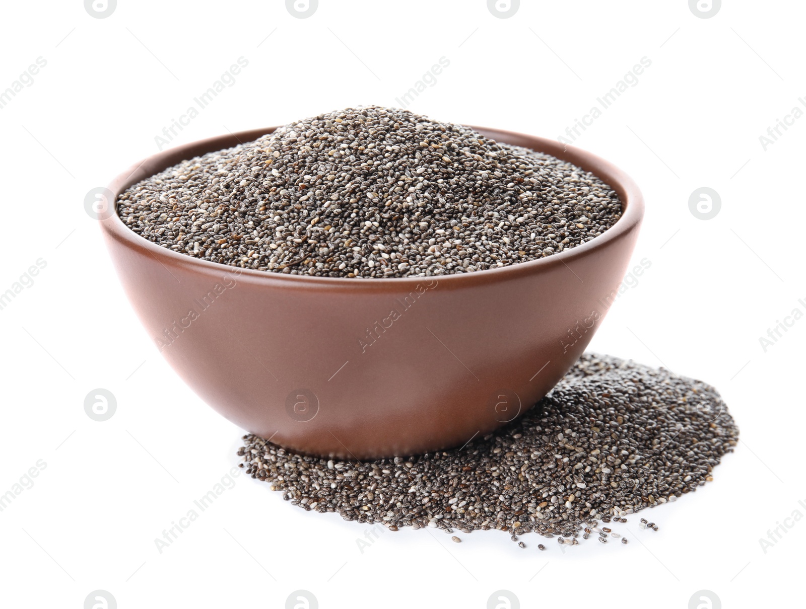 Photo of Bowl and chia seeds isolated on white