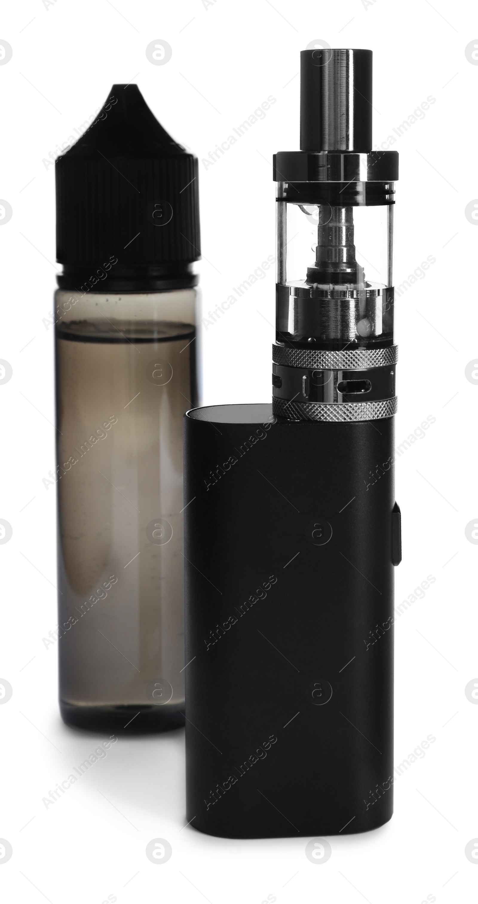 Photo of Electronic cigarette and vaping liquid on white background