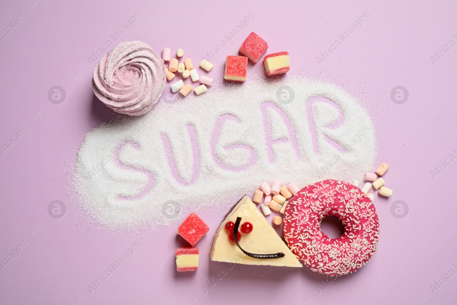 Photo of Flat lay composition with sweets and word SUGAR on lilac background