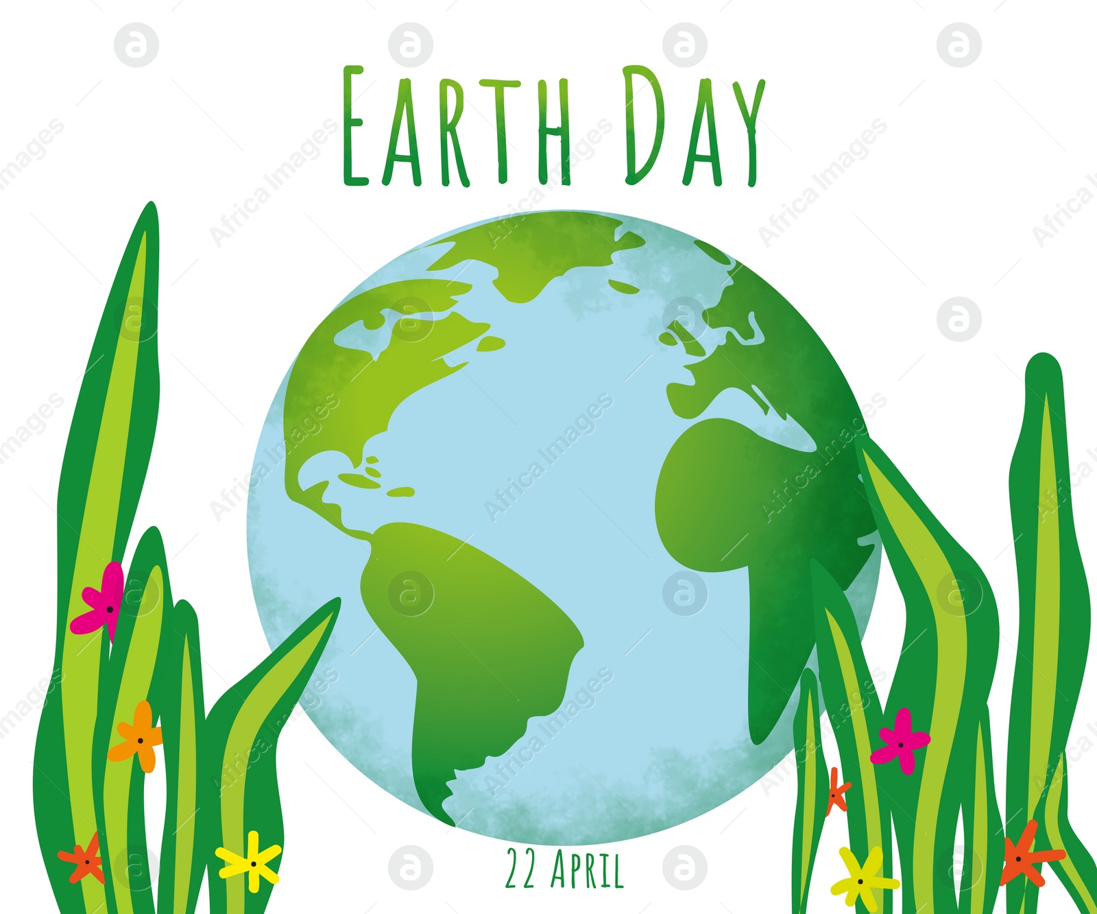 Illustration of Happy Earth day.  planet and plants on white background