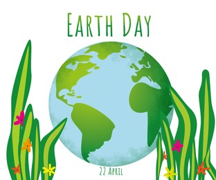Happy Earth day. Illustration of planet and plants on white background
