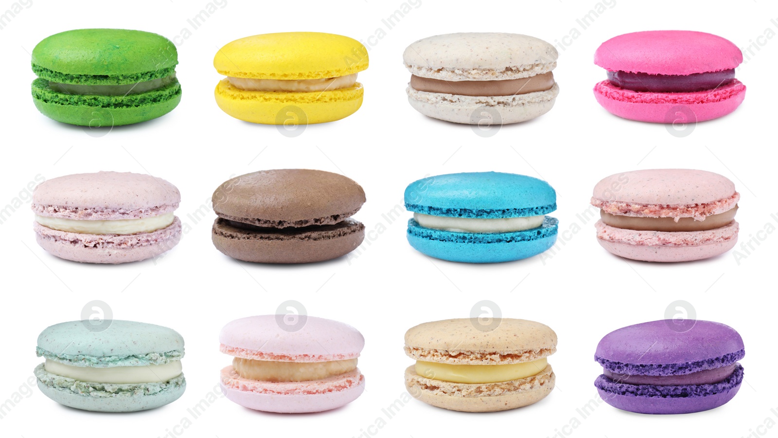 Image of Set with different delicious macarons on white background