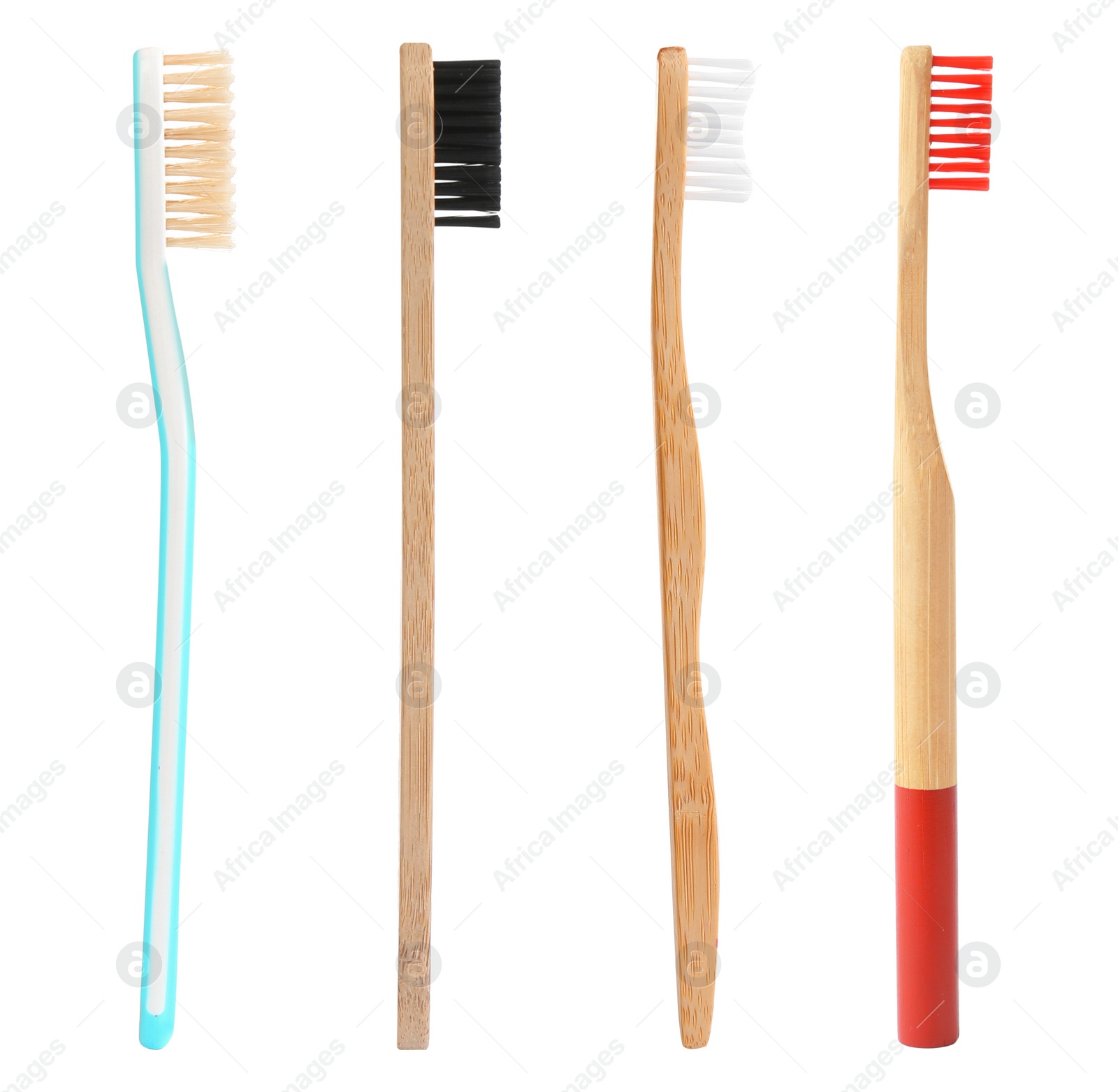 Image of Set of bamboo toothbrushes on white background 