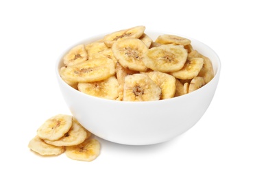 Photo of Bowl with sweet banana slices on white background. Dried fruit as healthy snack