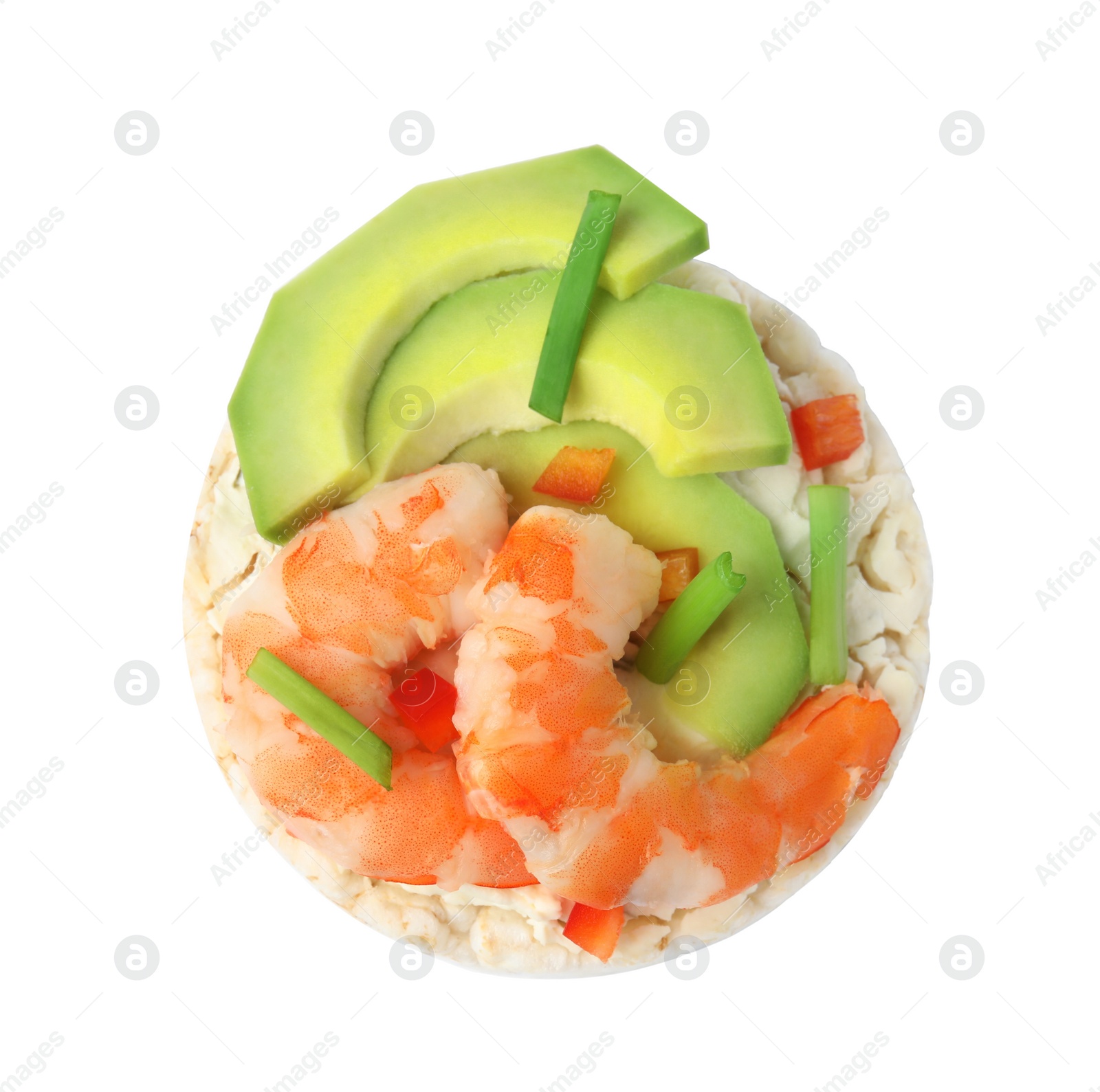 Photo of Puffed rice cake with shrimps and avocado isolated on white, top view