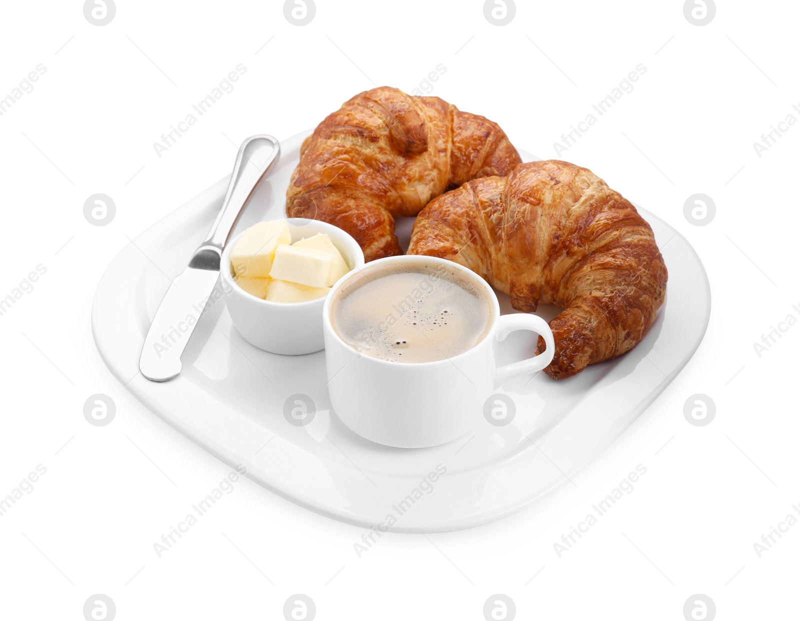 Photo of Tasty breakfast. Cup of coffee, butter and fresh croissants isolated on white