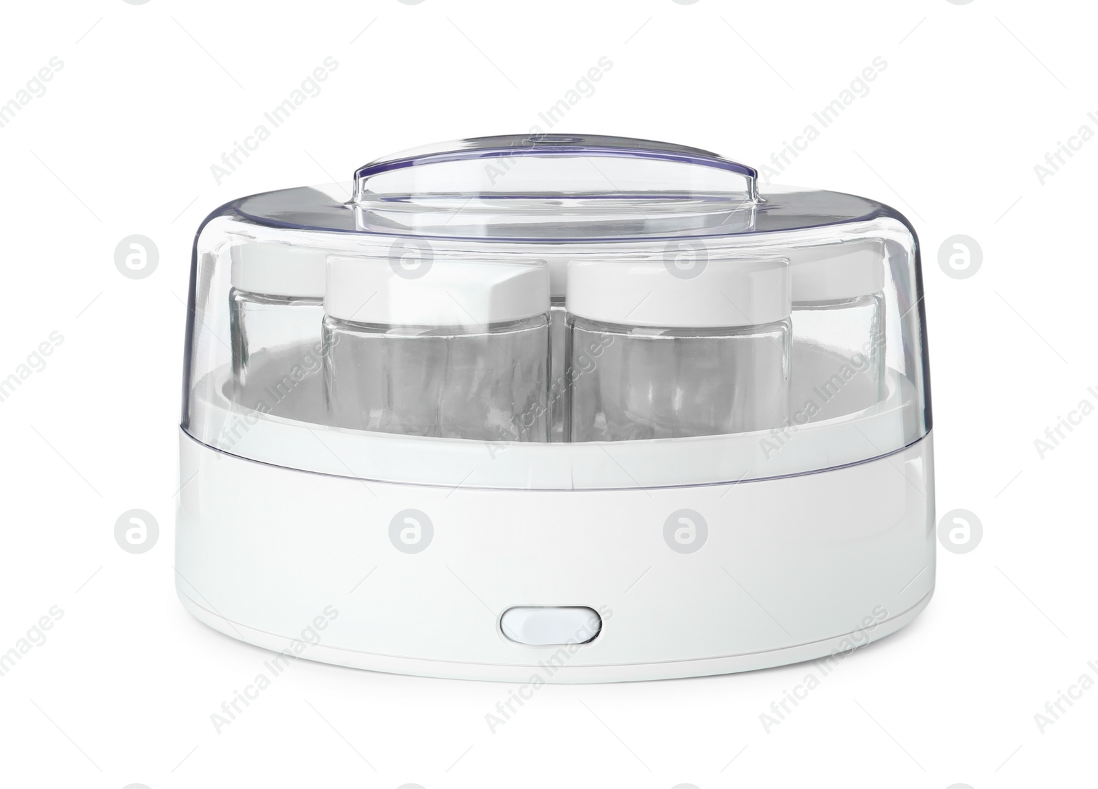 Photo of Modern yogurt maker with empty jars on white background