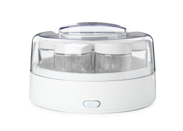 Modern yogurt maker with empty jars on white background