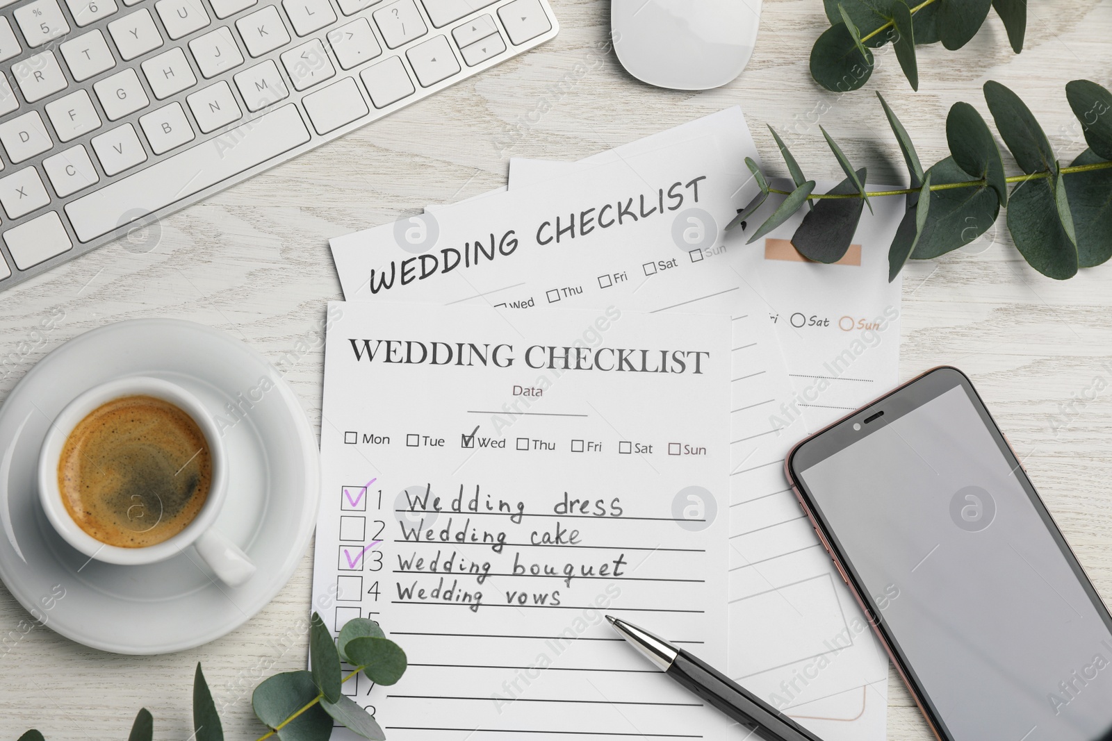 Photo of Flat lay composition with Wedding Checklists on white wooden table