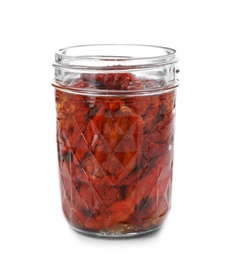 Photo of Jar with sun dried tomatoes on white background