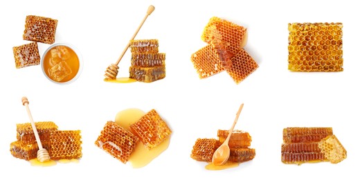 Image of Set with fresh delicious honeycombs on white background