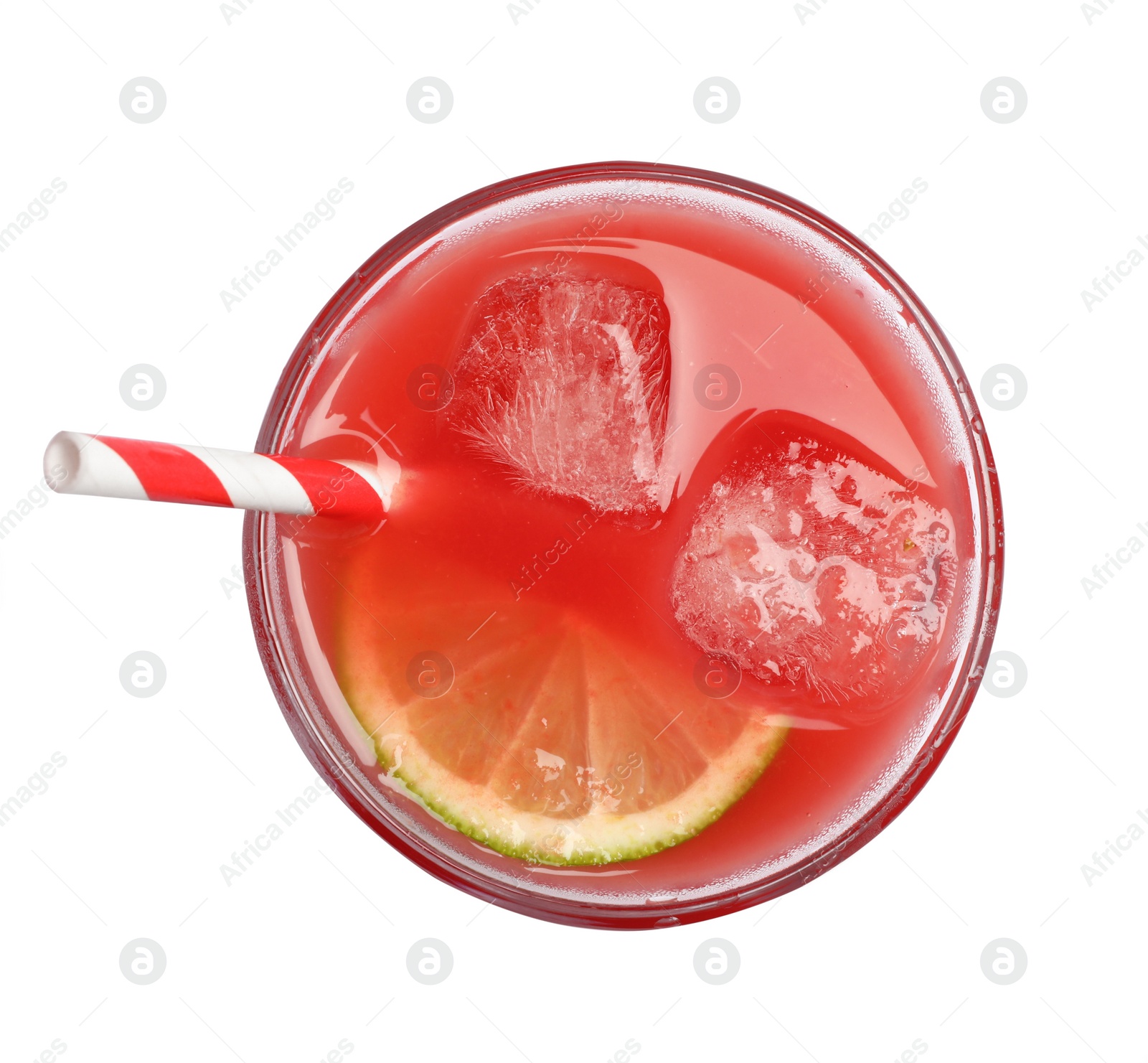 Photo of Tasty watermelon drink with slice of lime and ice cubes in glass isolated on white, top view