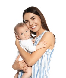 Photo of Portrait of happy mother with her baby isolated on white