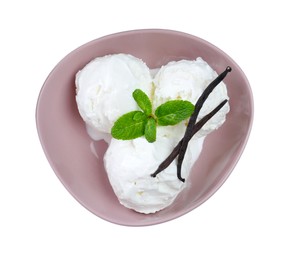 Photo of Delicious ice cream with mint and vanilla in bowl isolated on white, top view