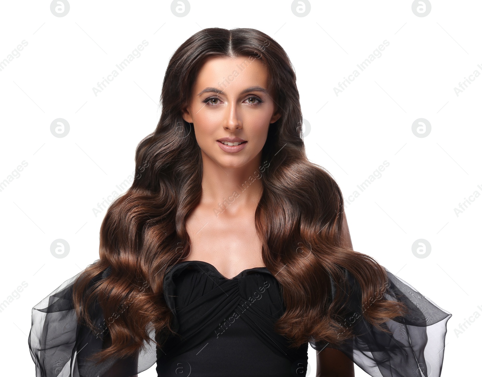 Image of Gorgeous woman with shiny wavy hair on white background. Professional hairstyling
