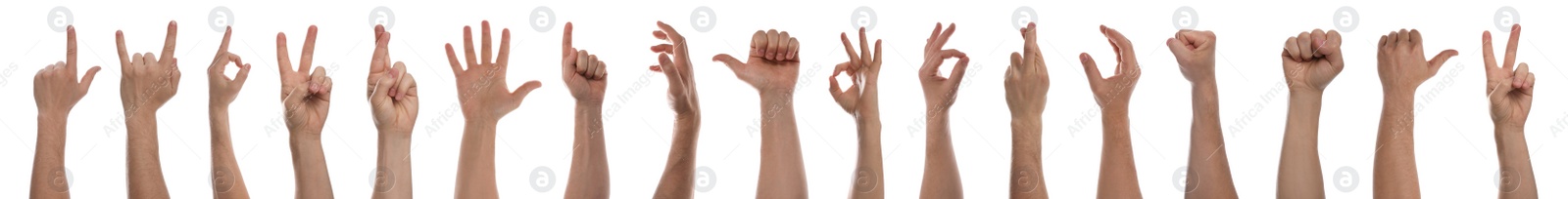 Image of Collage with man showing different gestures on white background, closeup view of hands. Banner design