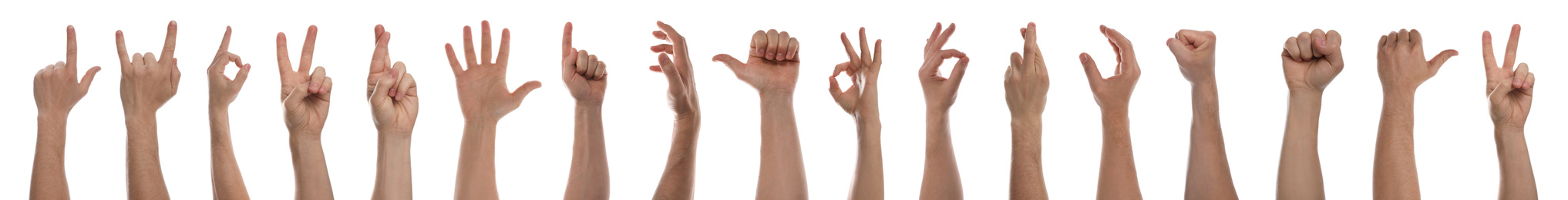 Collage with man showing different gestures on white background, closeup view of hands. Banner design