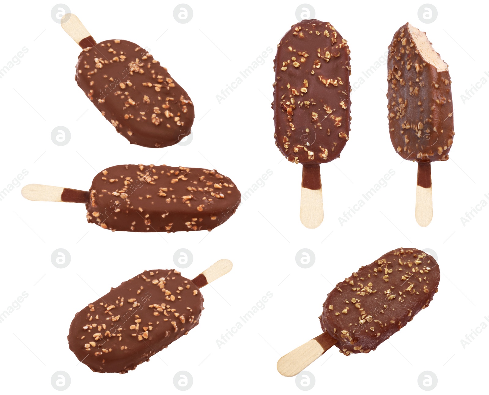 Image of Collage with chocolate-coated ice cream isolated on white, different sides