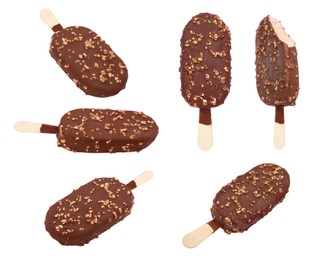 Collage with chocolate-coated ice cream isolated on white, different sides