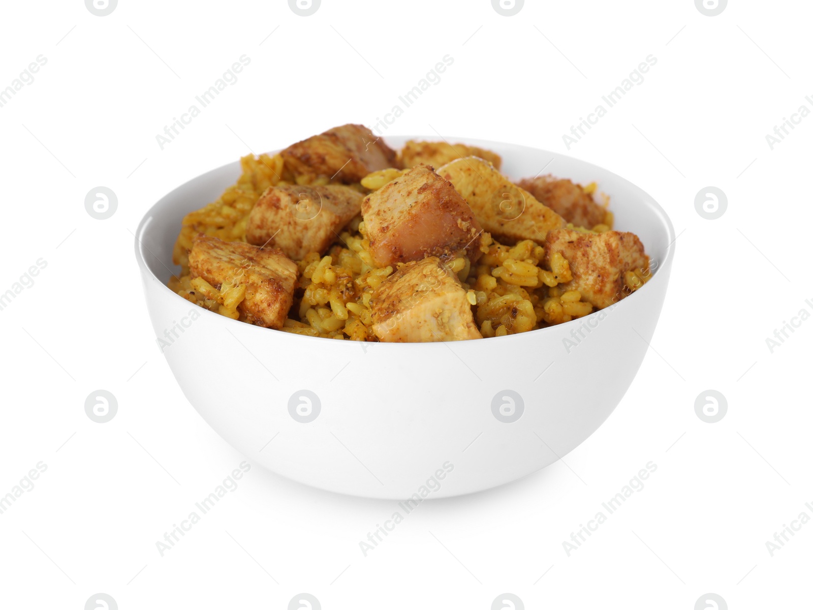 Photo of Bowl of delicious rice with chicken isolated on white