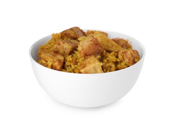 Bowl of delicious rice with chicken isolated on white