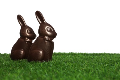 Chocolate bunnies on green grass against white background, space for text. Easter celebration