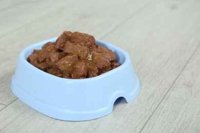 Photo of Wet pet food in feeding bowl on floor