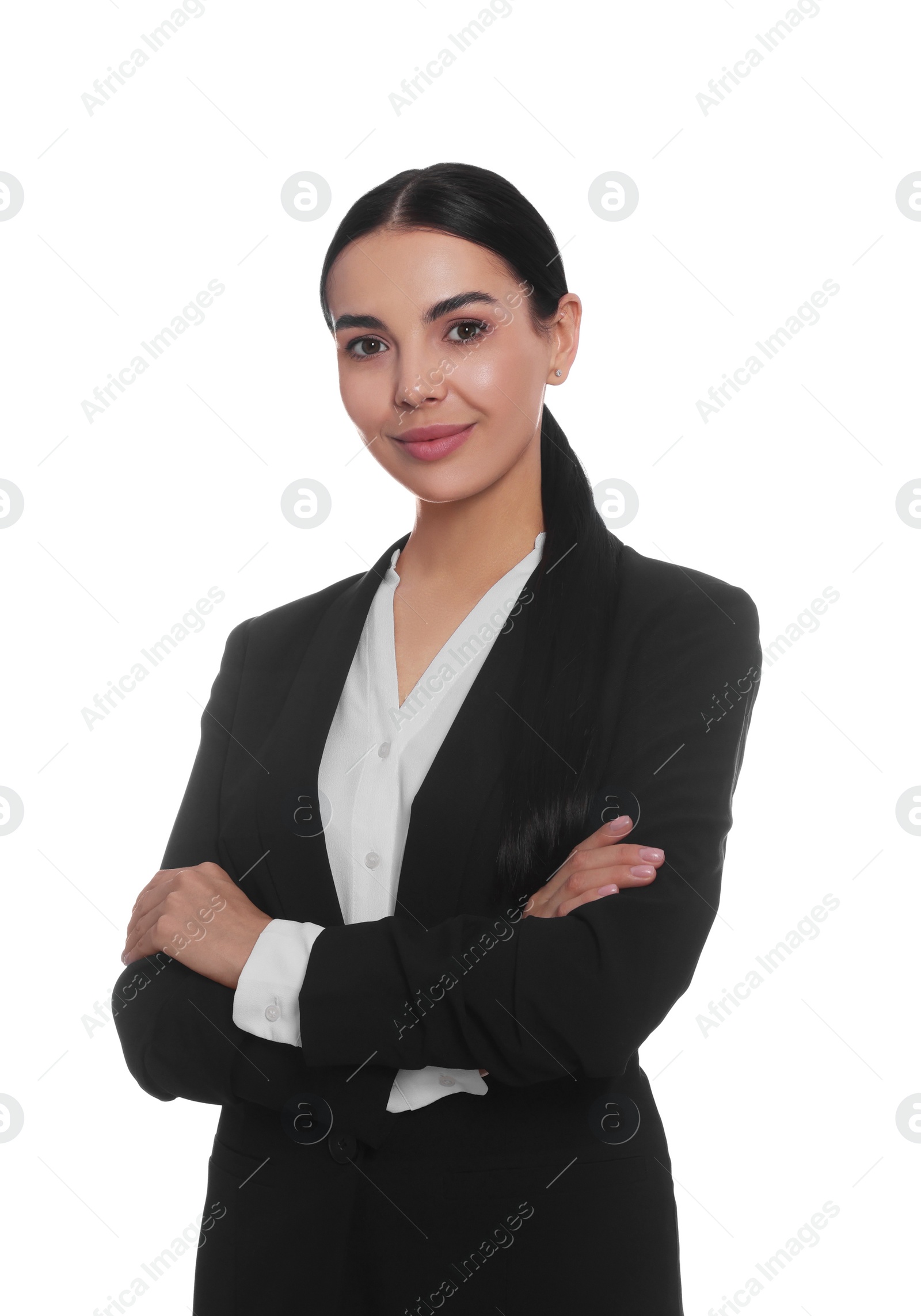 Photo of Portrait of hostess in uniform on white background