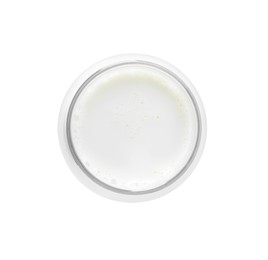Photo of Glass carafe full of fresh milk isolated on white, top view
