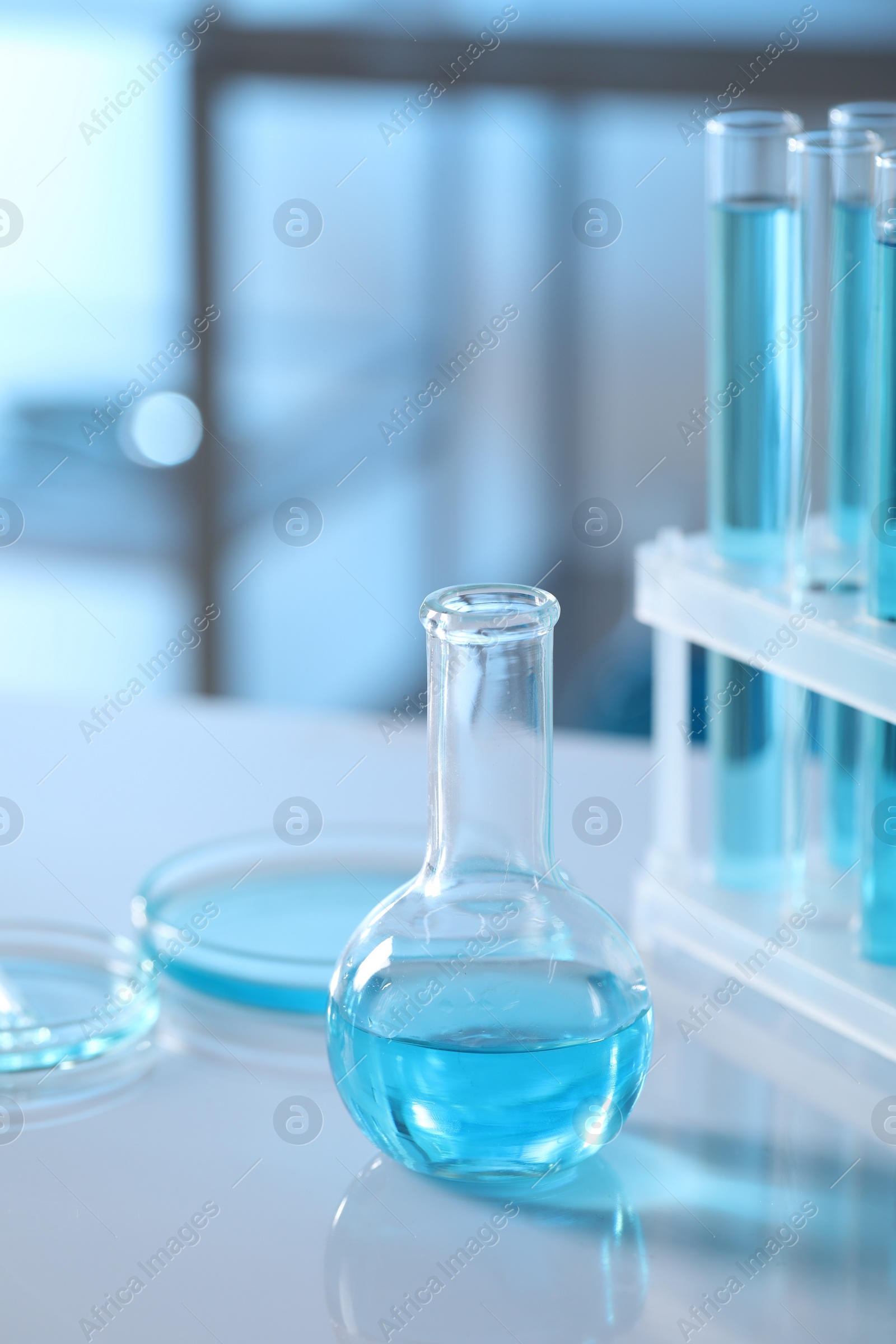Photo of Different glassware and test tubes with light blue liquid on table in laboratory