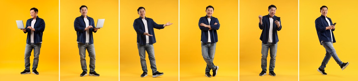Full length portrait of Asian man on orange background, set with photos