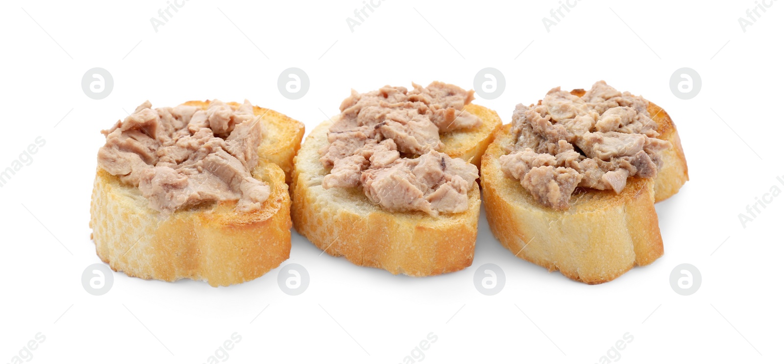 Photo of Tasty sandwiches with cod liver isolated on white