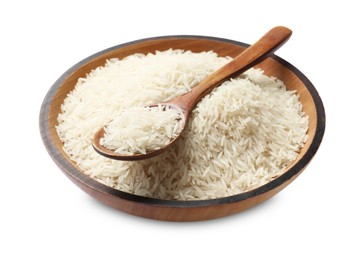 Photo of Raw basmati rice in bowl and spoon isolated on white