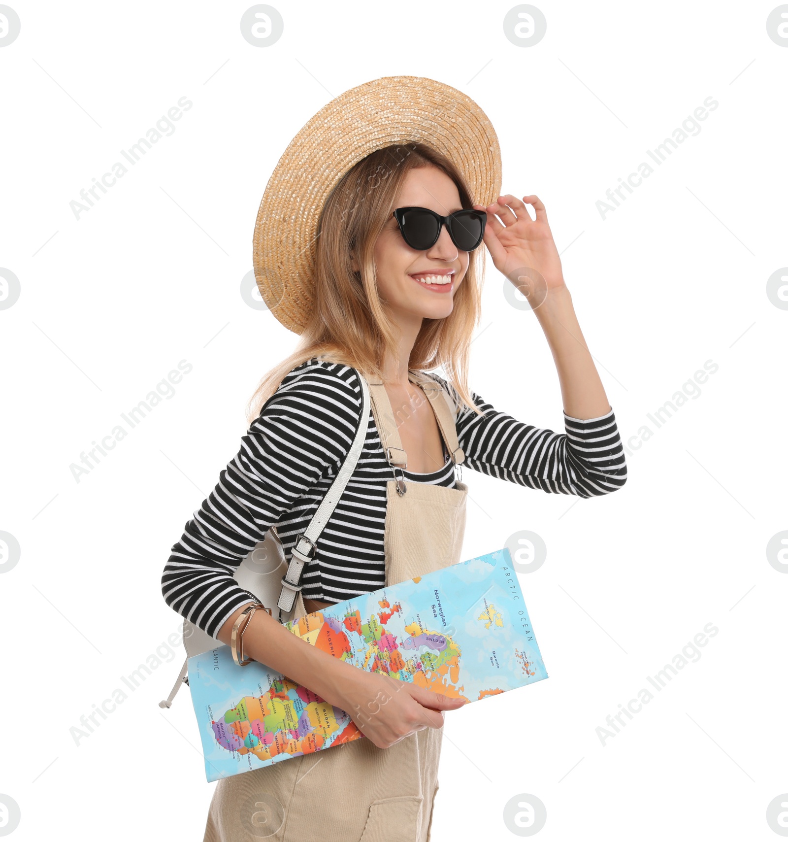 Photo of Woman with map on white background. Summer travel