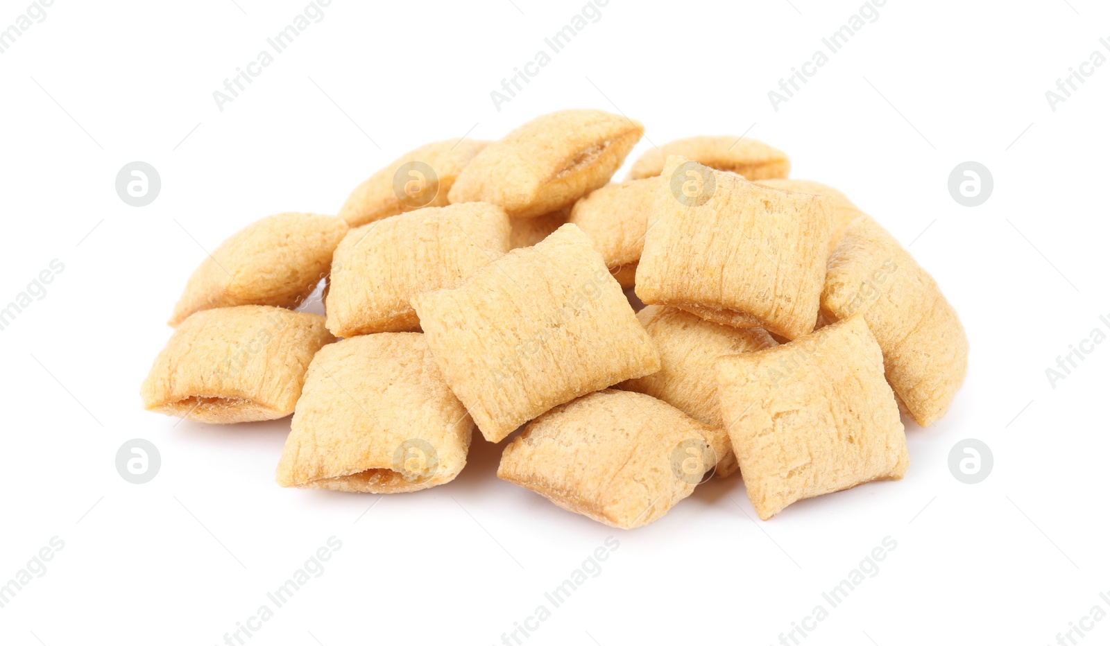 Photo of Pile of tasty corn pads on white background, closeup. Healthy breakfast cereal