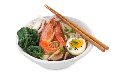 Photo of Delicious ramen with shrimps, egg and chopsticks isolated on white. Noodle soup