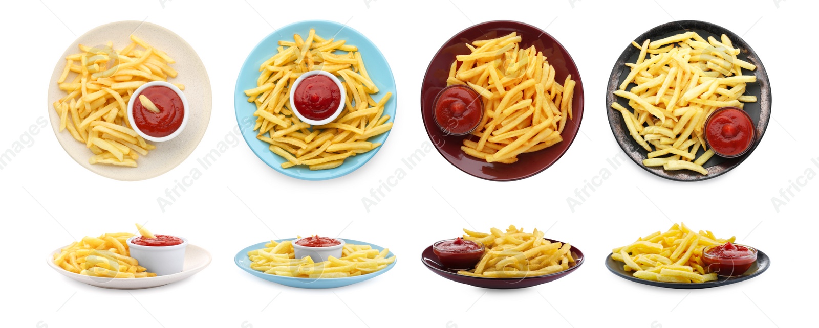 Image of Collage of French fries served with ketchup on white background, top and side views