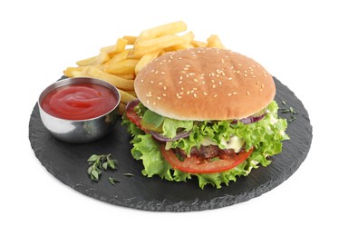 Delicious burger with beef patty, tomato sauce and french fries isolated on white