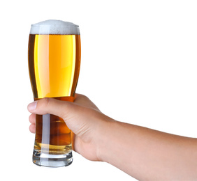 Man holding glass with beer on white background, closeup