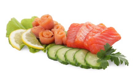 Photo of Delicious salmon sashimi served with lemon, cucumbers, parsley and lettuce isolated on white