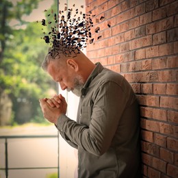 Senior man suffering from dementia indoors. Illustration of head falling apart into shards