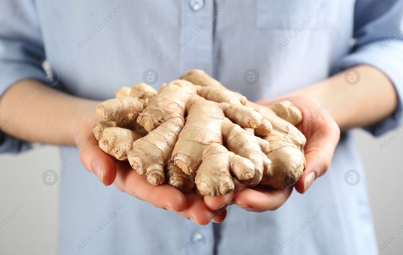 Photo of Woman holding pile of ginger roots on light background, closeup. Natural antibiotic