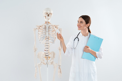 Photo of Female orthopedist with human skeleton model against light background